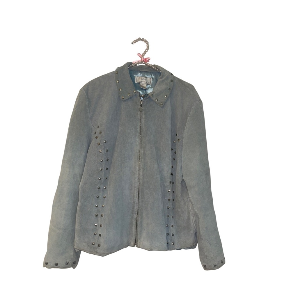 Lisa international Light Blue Suede Studded Zip Jacket Sz XL VTG Y2K punk whimsy